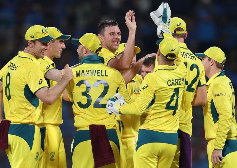 Josh Hazlewood of Australia celebrates with teammates after taking the wicket of Shreyas iyer of India during the ICC Men s Cricket World Cup India 2023 between India and Australia cjVlTt